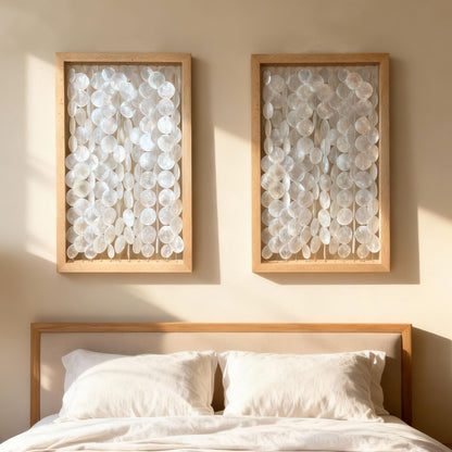 Vechor Handmade 24"x15.7" Capiz Shell Wall Art, Coastal Beach Décor，Solid Wood Frame, Natural White Seashell Hanging for Living Room, Bedroom, Office