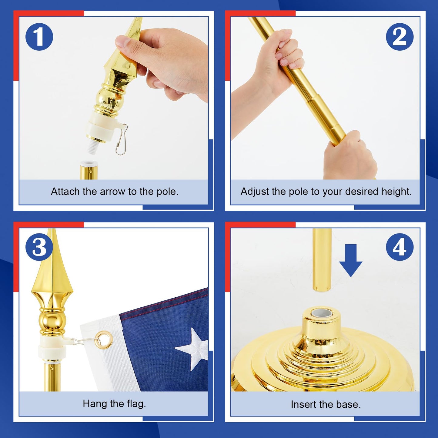 Moxweyeni Indoor Flag Pole Kit Telescoping 8 ft Flag Pole with Base Heavy Duty Aluminum Gold Flagpole and Stand for Office School City Hall, No Ensign Included