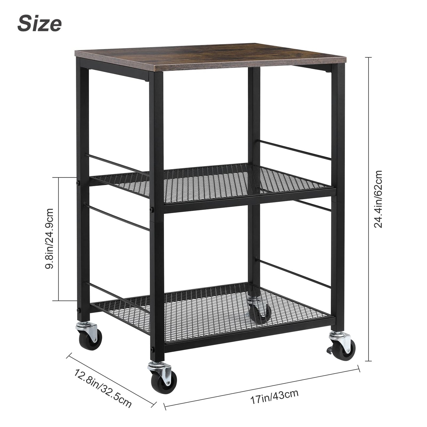 MOOACE Rustic 3 Tier End Table with Wheel, Side Table Nightstand Storage Shelf for Bedroom Kitchen Living Room and Office, Stable Metal Frame, Wood Top, Easy Assembly - Brown&Black