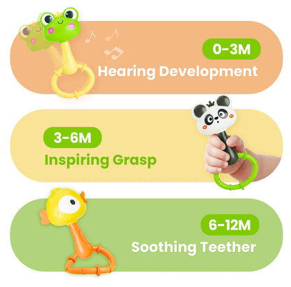 iPlay, iLearn Baby Maracas Rattle Toy, Infant Animal Shaker Rattles Set, Newborn Sensory Teething Rings, Tummy Time Carseat Stroller Crib Toy, Birthday Gift 3 4 6 7 9 12 18 Month Old Toddler Girl Boy