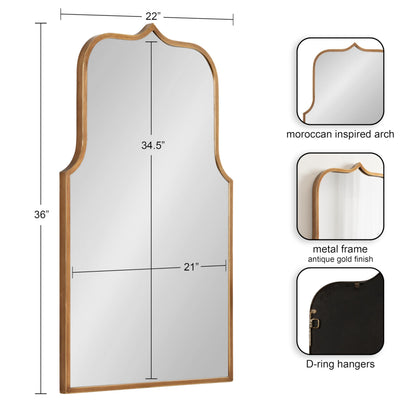 Kate and Laurel Gezella Glam Scalloped Arched Wall Mirror; 22 x 36; Antique Gold; Stunning Glamorous Decorative Tall Arch Mirror with Soft Scallops and Slim Moroccan Frame