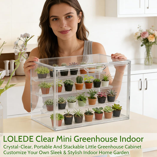 LOLEDE Clear Mini Greenhouse Indoor, Small Stackable Tabletop Portable Green House with Magnetic Door for Plant Seed Germination, Home Gardening Display,etc. (14.2x8.7x10.6in, 1 Pack)
