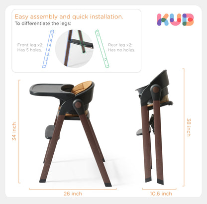 KUB High Chair for Babies and Toddlers Adjustable Foldable Convertible 5 Point Harness Easy Clean Wood-Printed Metal with Removable Tray Baby Highchair for Family (Black&Walnut Wood-Printed Metal)