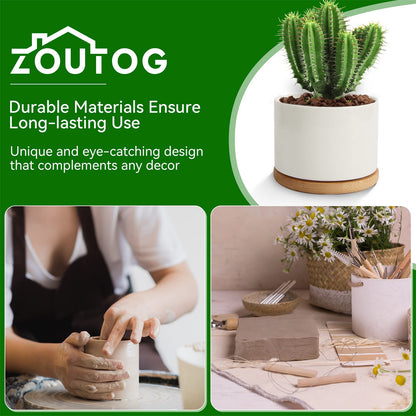ZOUTOG Ceramic Succulent Pots,3.6 Inch Plant Pots,Succulent Planters with Drainage Hole & Bamboo Tray for Indoor Plants,White Small Flower Planters for Home,Office,Desk(6 Pack)