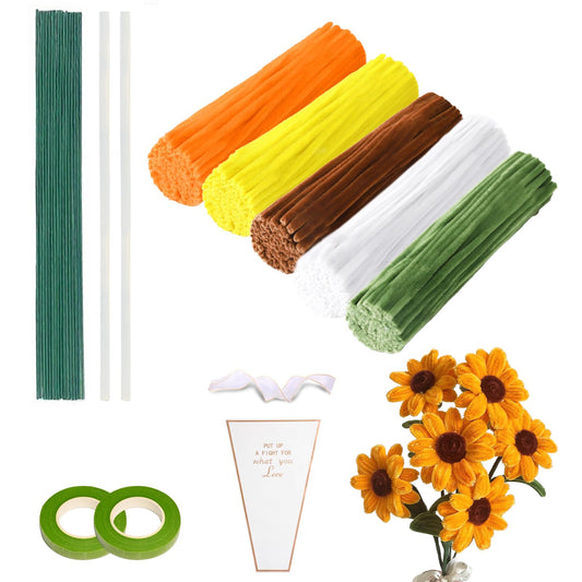 400 Pcs Pipe Cleaners Craft Flower kit with Wrapping Paper, 5 Assorted Colors Pipe Cleaners Bulk, Chenille Stems for DIY Flower Making Kit with Flower Stems, Tape, Glue Sticks, Stamen, Ribbon (Yellow)