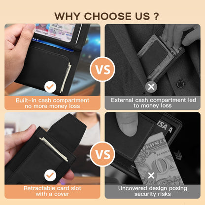 RUNBOX Slim Leather Wallet for Men With 2 ID Windows Holds 10-13 Cards Minimalist Front - Pocket RFID - Blocking Wallets Ideal Gift Choice
