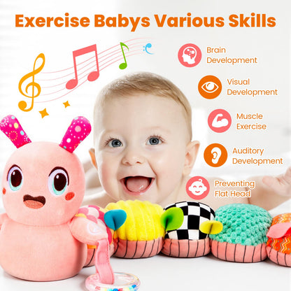 Baby Toys 0-6 Months, Washable Baby Musical Caterpillar Toys with 10 Children's Songs,Rattles,Teething Toys,Suitable for 0-6, 6-12 Months Infant Tummy Time Toy,Newborn Baby Boy&Gril Gifts(Light Pink)
