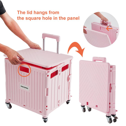 MACOPRO Folding Utility Cart Portable Rolling Crate Handcart Shopping Trolley Collapsible Tool Box, with Lid, Basket on 4 Rotate Wheels, for Grocery, Shopping, Office, Teacher (Pink)
