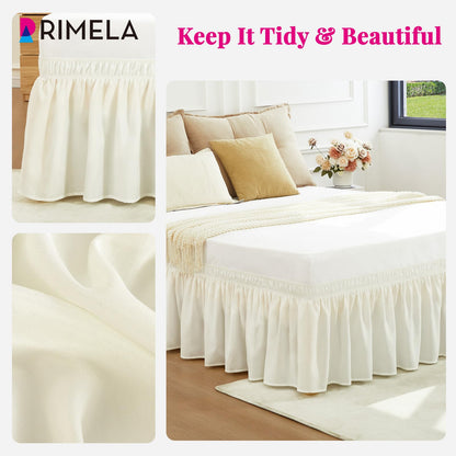 RIMELA Cream Bed Skirt Queen Size 15 Inch Drop, Elastic Bed Skirting for Bed Base and Frame, Bedding Dust Ruffle Easy to Install, Lightweight Wrap Around Adjustable Bedskirt