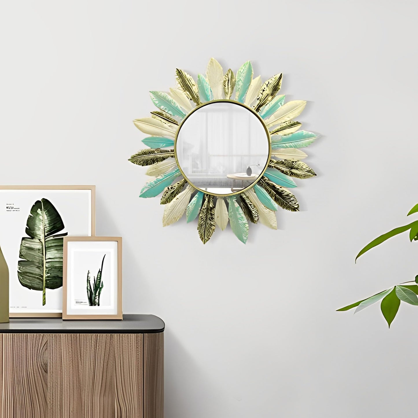 Fiskenet Plume Wall Decorative Mirror Feather Pinna Glass Mirrors Iron Green Grace Living Room Entrance Home Embellish