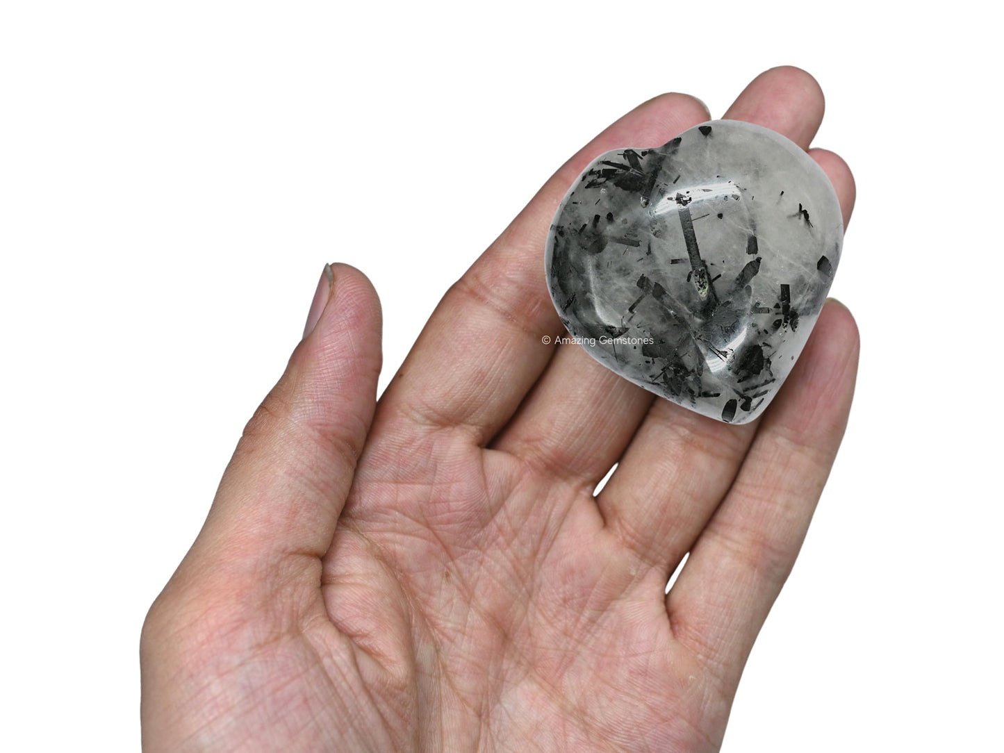 Amazing Gemstone Black Rutilated Quartz Crystal Heart Palm Stone - Pocket Massage Worry Stone for Natural Body Chakra Balancing, Reiki Healing and Crystal Grid