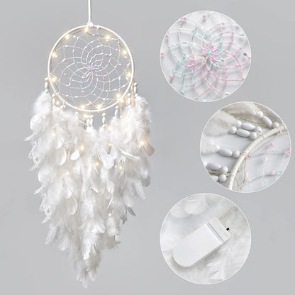 Dremisland White Feathers Dream Catcher Wall Hanging Elegant Wall Art Room Decoration for Windows Balcony Bedroom Wedding Party Gift for Girls and Kids (with Lights)
