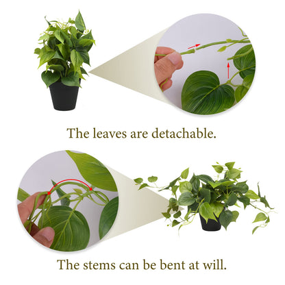 LOYWREE Artificial Scindapsus Aureus Fake Pothos Plants in Black Pots - Realistic Faux Indoor Greenery Potted for Home, Office, Desk, Shelf, Living Room, Bedroom, Balcony, Patio & Garden Decor