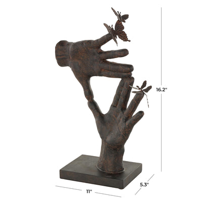 Deco 79 Polystone Hands Decorative Sculpture Sign Home Decor Statue with Butterrfly Accents, Accent Figurine 11" x 5" x 16", Dark Brown