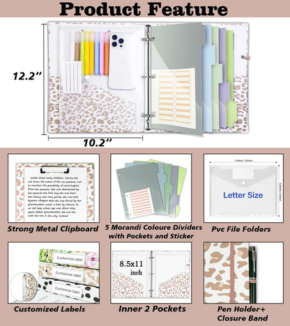 3 Ring Binder 1 Inch for 8.5"x11" Paper, Three Ring Binders with Clipboard, 5 Dividers with Tabs and Pockets, Transparent Folder, 18 Divider Stikers, BVSSX Decorative Binder with Pen Holder,Leopard