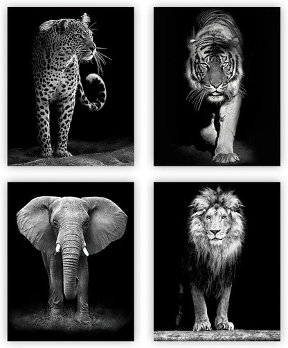 NIIORTY 4 Set-Black and White African Wild Animal Photo Wall Art,Tiger,Lion,Elephant, Leopard Picture Canvas Wall Poster Printing,Brave Inspirational For Bedroom Living Room Decor(8x10inch Unframed)
