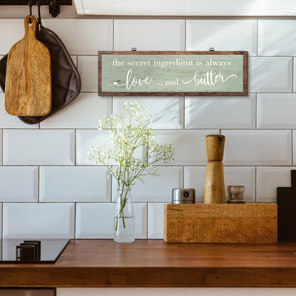 Jetec The Secret Ingredient Is Always Love and Butter Sign Funny Wood Kitchen Sign Funny Farmhouse Wall Decor Rustic Kitchen Wall Decoration, 15.7 x 4.7 Inch(Green)