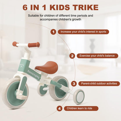 6-in-1 Toddlers Tricycle Baby Balance Bike, Kids Steering Push Handle Bicycle with Removable Pedals, Adjustable Seat,Training Wheels Toys 18 months+ Birthday Gifts for Boys Girls 2 3 4 Year Olds, Mint
