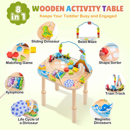 Activity Table for 1 Year Old with Two Height Levels,Wooden Sensory Play Table for Toddlers 1-3,8 in 1 Montessori Learning Toy with Bead Maze, Shape Sorter,Train,Gift for Baby Boys Girls (Dinosaur)