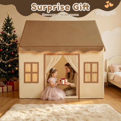 WIRHAO Kids Tent with Padded Mat Playhouse with Large Space for Toddlers Indoor Kids Play Tent for Girls Boys with Stars Lights, Carry Bag, Banner Flag (Brown)