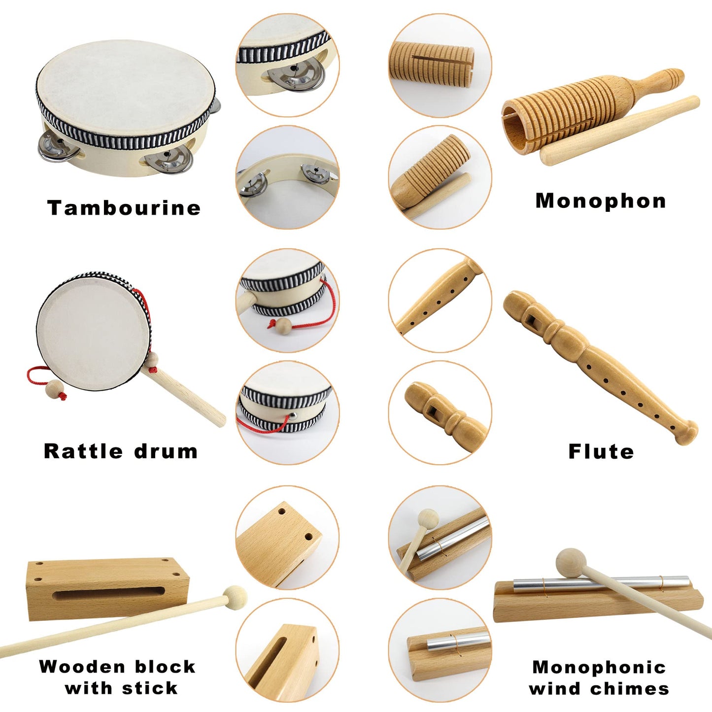 VINJOE Wooden Music Set–Kids Musical Instruments Toys, Natural Wood Percussion Instruments Toy for Kids Preschool Education Baby Musical Toys Instrument Set for Toddlers Best Gifts for Christmas