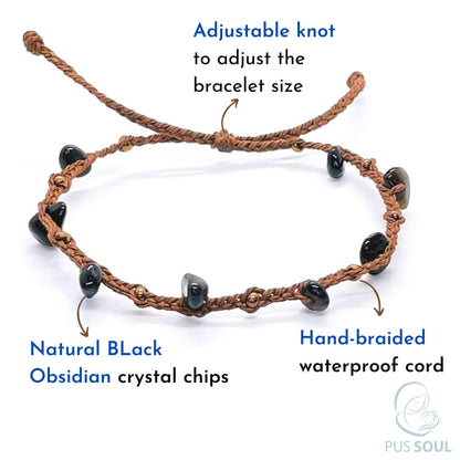 PusSoul Handmade Black Obsidian Small Crystal Bracelet (6.5-7.5'') - Adjustable & Plus Size, Real Black Obsidian, Waterproof, Chakra Beaded - Unusual Jewelry for Women, Girl & Friendship from