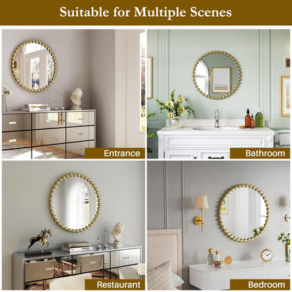 PERHOM Wall Mirror Decor Modern - Round Gold Large Beaded Mirror Decor,Circle Wall Mirror for Hallway,Bathroom,Living Room,Dining Room,Badroom,Entryway,27'' Metal Framed