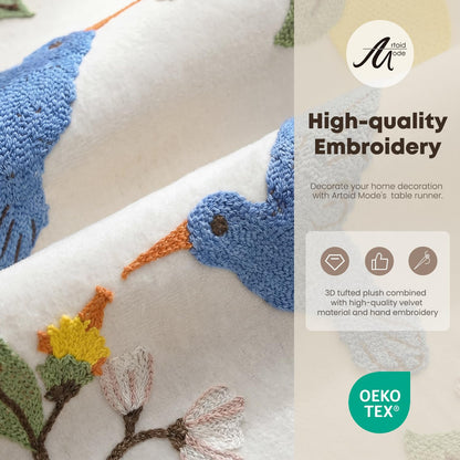 Artoid Mode Beige Soft Chain Embroidery Flower Bird Lemon Spring Table Runner, Seasonal Summer Kitchen Dining Table Decoration for Home Party Decor 13x72 Inch