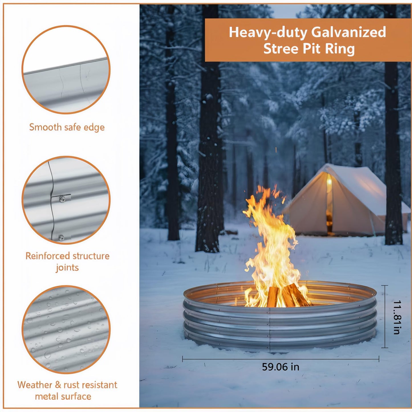 Eclaron 60 Inch Galvanized Steel Fire Pit Ring, 12 Inch Raised Heavy Duty Wood Burning Campfire Ring, Heat Resistant Outdoor Fireplace for Backyard, Patio & Camping