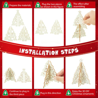 Chunful 72 Pcs Christmas Tree Wooden Crafts DIY 3D Christmas Tree Signs Xmas Unfinished Wood Cutouts Crafts Ornaments Hollow Wooden Slices Hanging Decoration for Xmas Holiday Tabletop Gifts