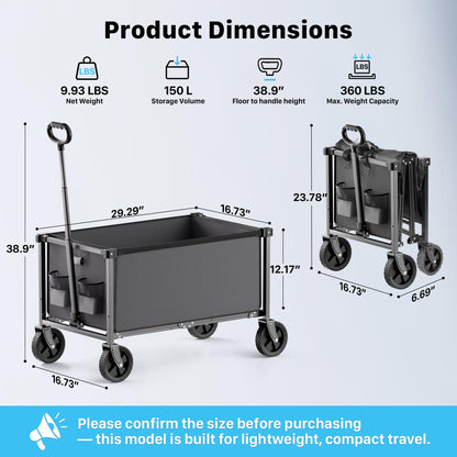 HOMBETTA 29.3" Collapsible Wagon Cart, 150L Heavy Duty Folding Utility Wagon with Wheels, 360 lbs Load, Portable Rolling Cart for Garden, Shopping, Sports, Camping, Darkgray
