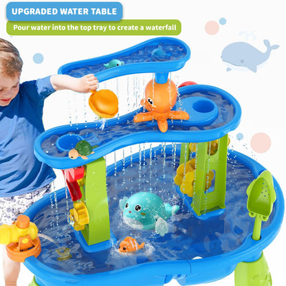 Vahlbeste Water Table for Toddlers 1-3, Kids Water Table, 3-Tier Water Tables for Toddlers 3-5 Features Swimming Dolphins & Crabs, Rain Showers Splash Pond, Activity Sensory Play Table for Boys Girls