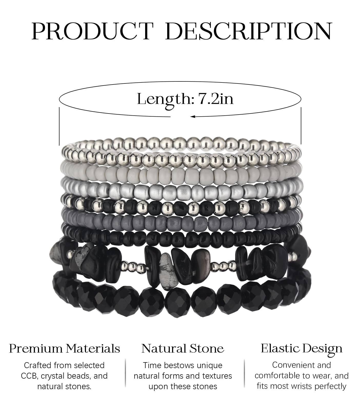 Noessla Boho Beaded Bracelets for Women Stackable Irregular Natural Stone Bead Stretch Bracelet Set 8PCS Costume Jewelry Gifts for Her(Black Grey)
