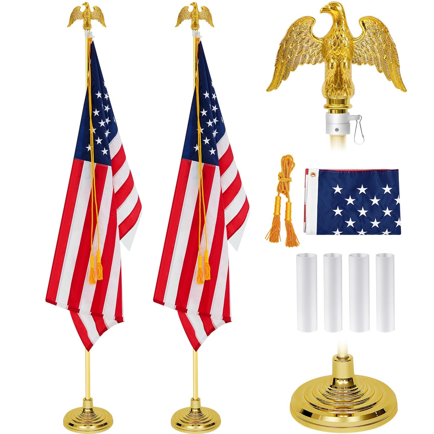 Hicarer 2 Set Metal Telescoping Indoor Flag Pole with Base and Eagle Topper, 250th Independence Day Veteran Day Portable Flag Pole Kit American Heavy Duty Aluminum Us for 250th Office School (8 ft)