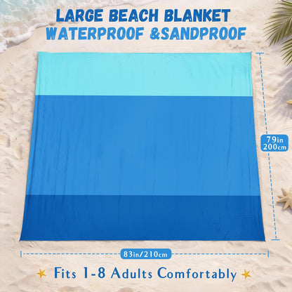 AlphaBeing Beach Blanket Waterproof Sandproof, Extra Large Beach Mat for 1–8 Adults, Oversized Picnic Blanket with 4 Stakes & Storage Bag, Essential Beach Gear for Travel (ThreeBlue, 120“×108”)