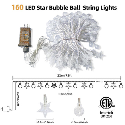 Crystal Globe & Star String Lights Plug in - 72 FT 160 LED Star Fairy String Lights with Remote Control Timer Waterproof Indoor Outdoor Hanging Globe Lights for Bedroom Wedding Party Patio Warm White