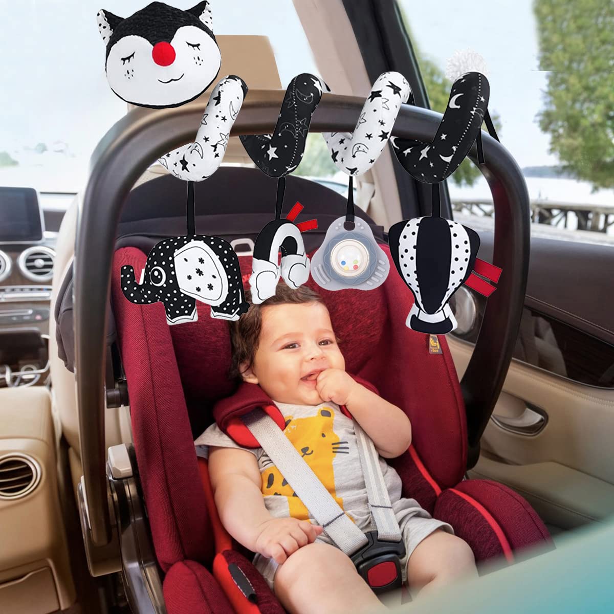 ORZIZRO Car Seat Toys, High Contrast Black and White Toy for Infants 0-3 6 12 Months, Musical Black Fox Carseat Toys Stroller Toy for Babies Newborns
