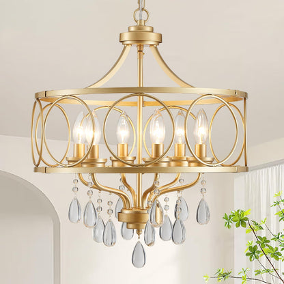 Majhoiw 6-Light Modern Gold Crystal Chandelier, 17.7" Farmhouse Ceiling Light Fixture, Hanging Metal Pendant Lights Kitchen Island Dining Room Entryway Foyer