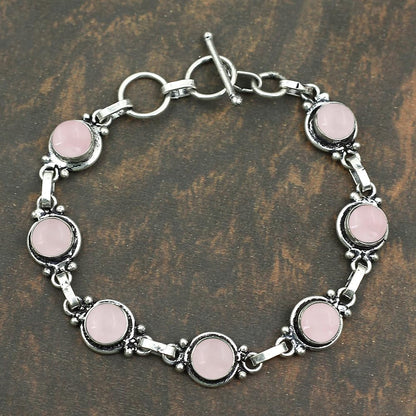 Natural Rose Quartz 925 Silver Plated Light Weight Trendy Adjustable Bracelet for Women - January Birthstone Pink Gemstone Handmade Link Bracelet - Wedding Jewelry Gifts for Her