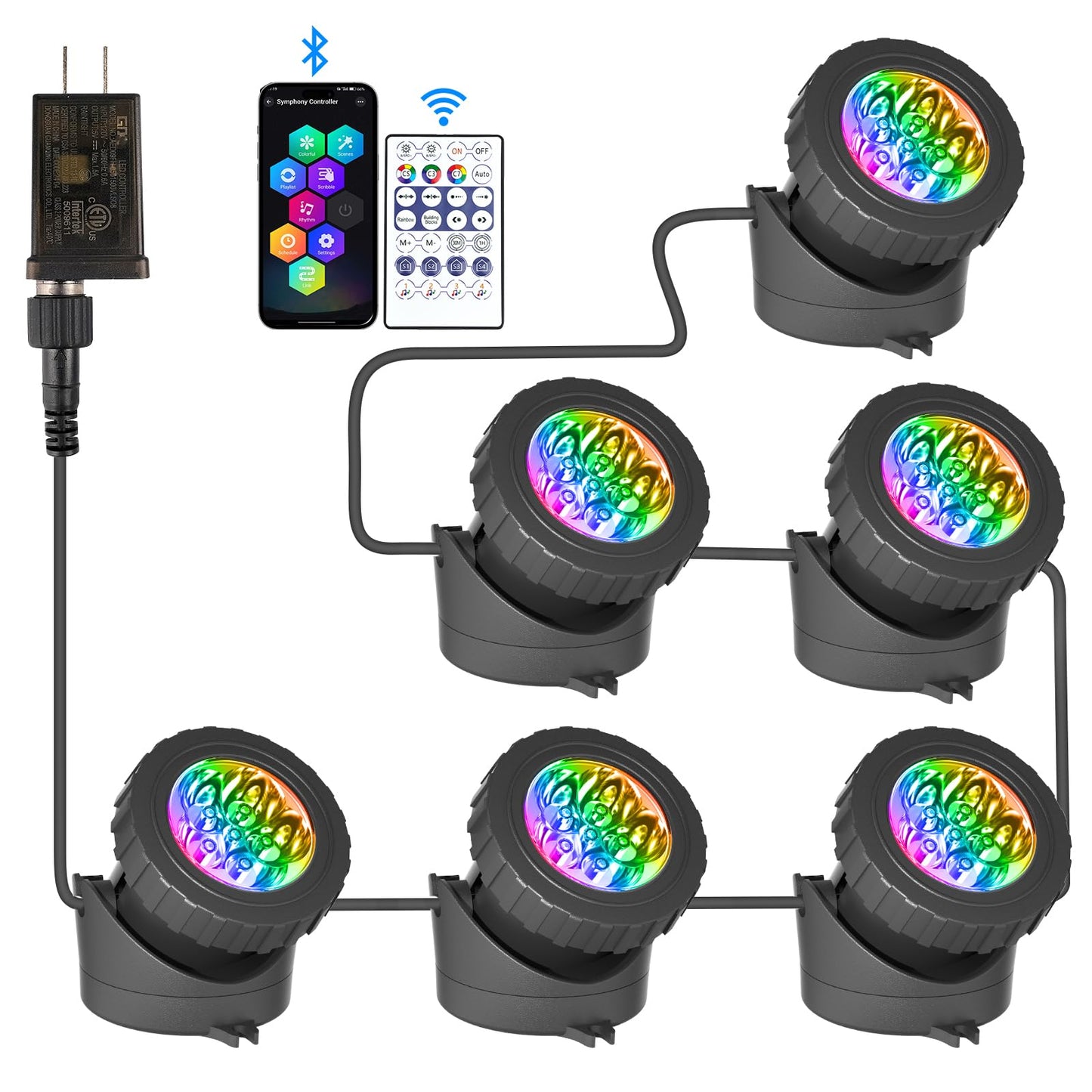 T-SUN Color Changing Pond Lights LED Underwater Fountain Lights with Bluetooth APP Control, IP68 Waterproof Submersible Spotlight for Aquariums, Fish Tanks, Pools, Garden and Yard Ponds (Set of 6)