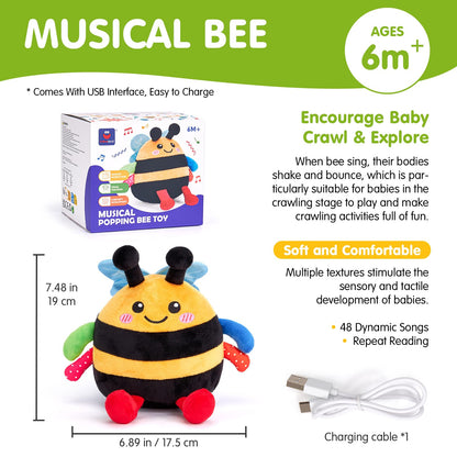 hahaland Baby Toy for 6 + 12 18 Months – Crawling Musical Dancing Bouncing Learning Bee Plush, Interactive Tummy Time Toy for 1 2 3 Year Old Boys Girls Baby Easter Basket Stuffers