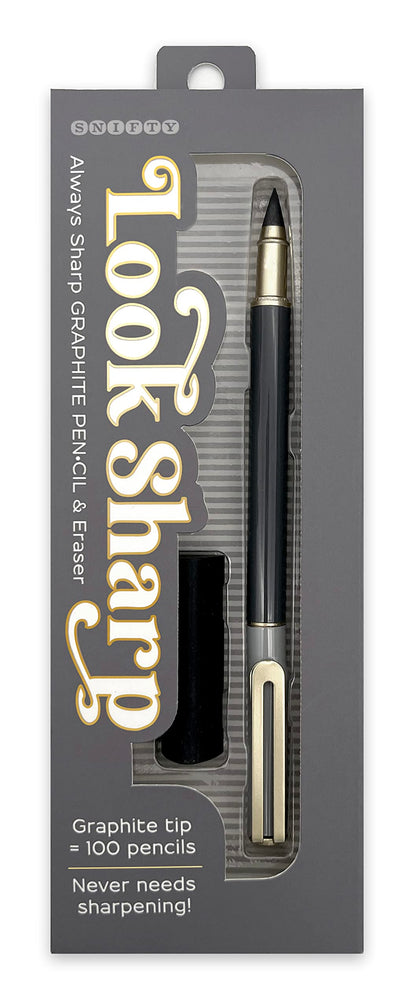 SNIFTY Look Sharp Always Sharp Pen•cil - Compressed graphite tip equals 100 pencils - Gray metal barrel + cap + eraser