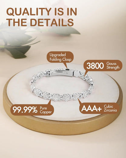Feraco Copper Bracelets for Women, Ultra Strength Magnetic Bracelet with 3800 Gauss Neodymium Magnets & Dazzling Cubic Zirconia, Pure Copper Jewelry Gift, Heart Shape (Silver)