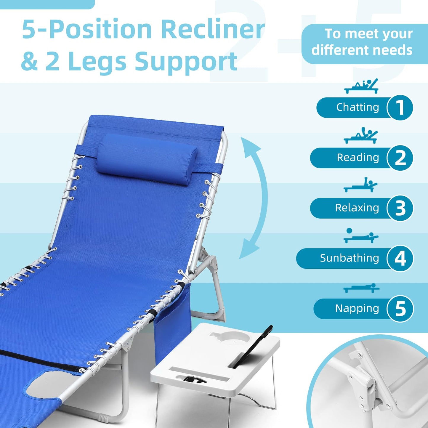 Yestomo 3-in-1 Sun Tanning Chair with Face Holes, Breathable Chaise Lounge Chair Outdoor, 5-Position Recliner, Lay Flat, Folding Side Table, Removable Pillow, Max 330lbs, Beach, Patio, Camping, Blue