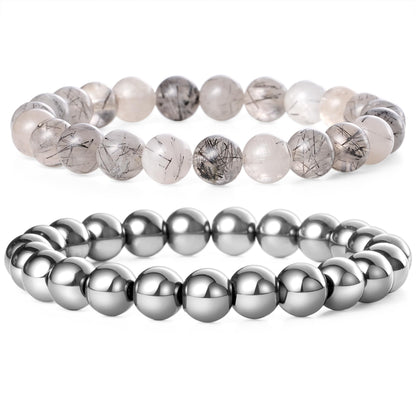 Bivei Natural Gemstone Semi Precious Crystals Handmade Stretchy Round Beads Bracelet, Enhance Positive Energy,Stocking Stuffers for Women(Black Rutilated Quartz & Hematite (Emotional Trauma) Medium)