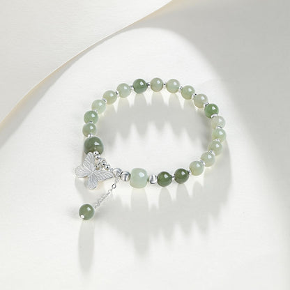 ZHOU LIU FU Sterling Silver Jasper Beaded Bracelets for Women S925 Silver Green Gemstone Bead Butterfly Stretch Bracelet Mom Birthday