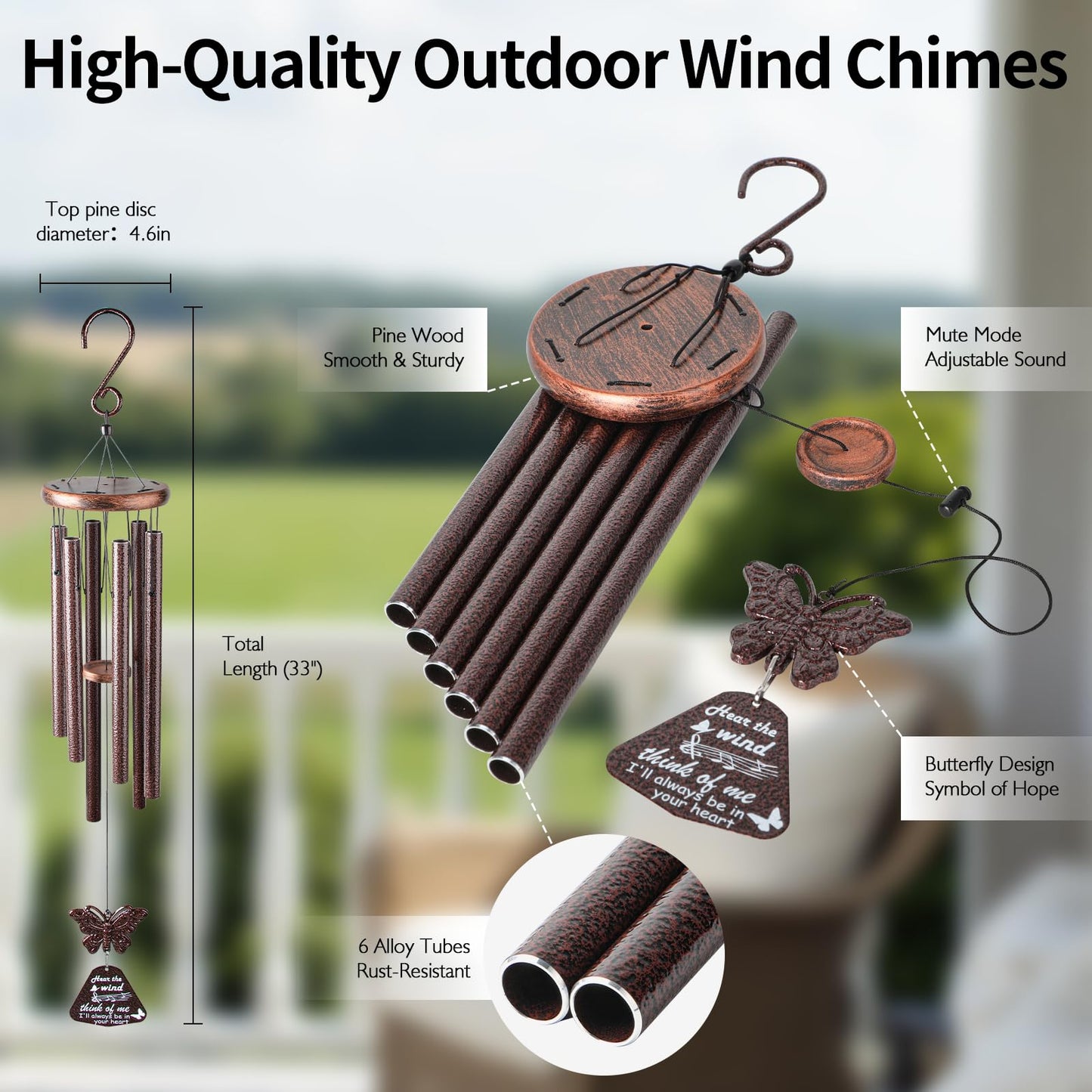 YLYYCC Wind Chimes for Outside with Butterfly Wind Catcher, 33" Memorial Metal Wind Chime Suitable for Patio, Garden Hanging Decorations, Deep Tone Soothing, Perfect Christmas Birthday Gifts for Women