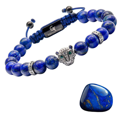 GT collection Men's Energy Bracelet with Gold Leopard Stainless Steel Bead, Adjustable Natural Gemstone Lapis Lazuli Bracelet for Men