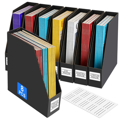 YOTINO Black Magazine Holder, 8 Pack Cardboard Magazine File Holders, Vertical Desktop File Holder Organizer, Sturdy Magazine Rack for Office, Home and Classroom