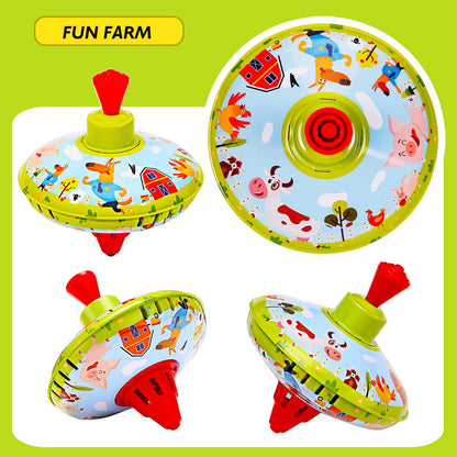 Beeqoo Fun Farm Spinning Top Tin Toy for Kids – Retro Classic Toys - Toddler Traditional Spin Tops - Metal Fidget Spinner for Kindergarten – Sensory Gyroscope - Novelty Present Party Favors